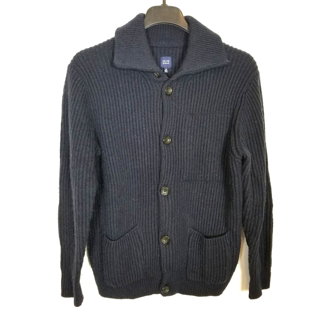 Blue Saks Fifth Avenue Men Wool Blend Cardigan Sweater Sz M Navy Elbow Patch